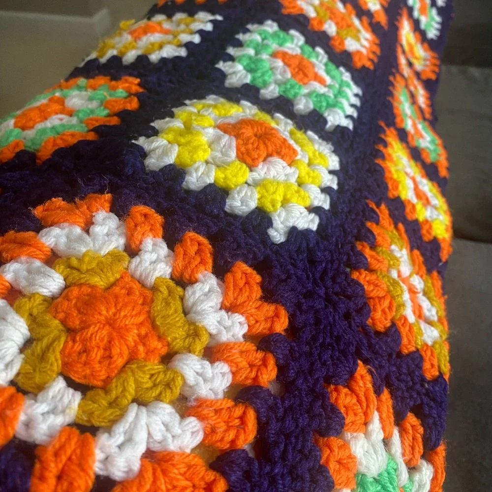 Vintage Afghan - Colorful Crochet Granny Square Blanket Throw EUC